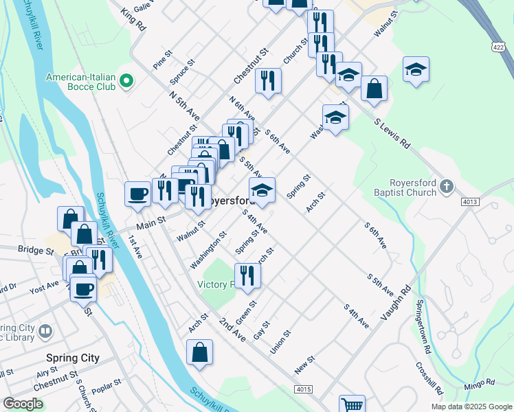 map of restaurants, bars, coffee shops, grocery stores, and more near 428 Washington Street in Royersford