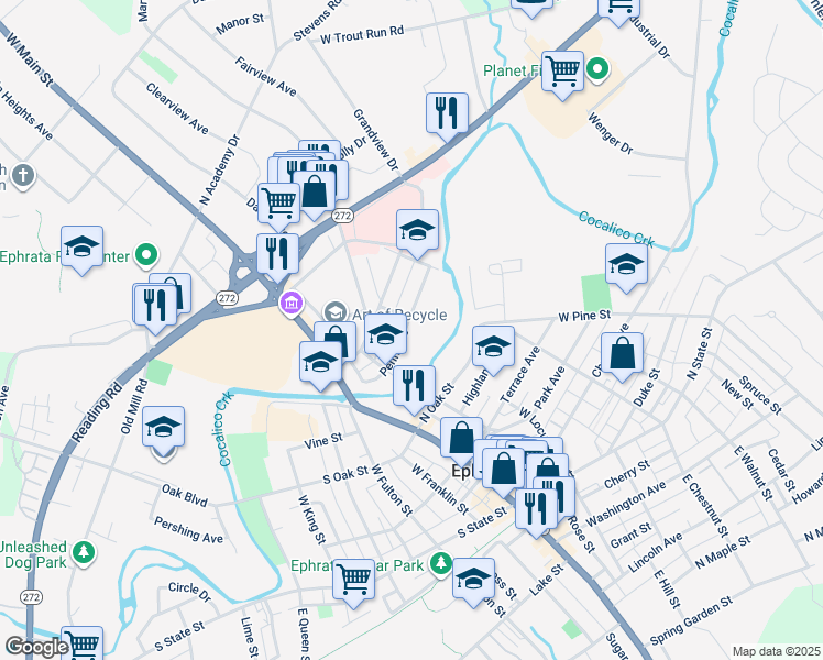 map of restaurants, bars, coffee shops, grocery stores, and more near 147 Penn Avenue in Ephrata