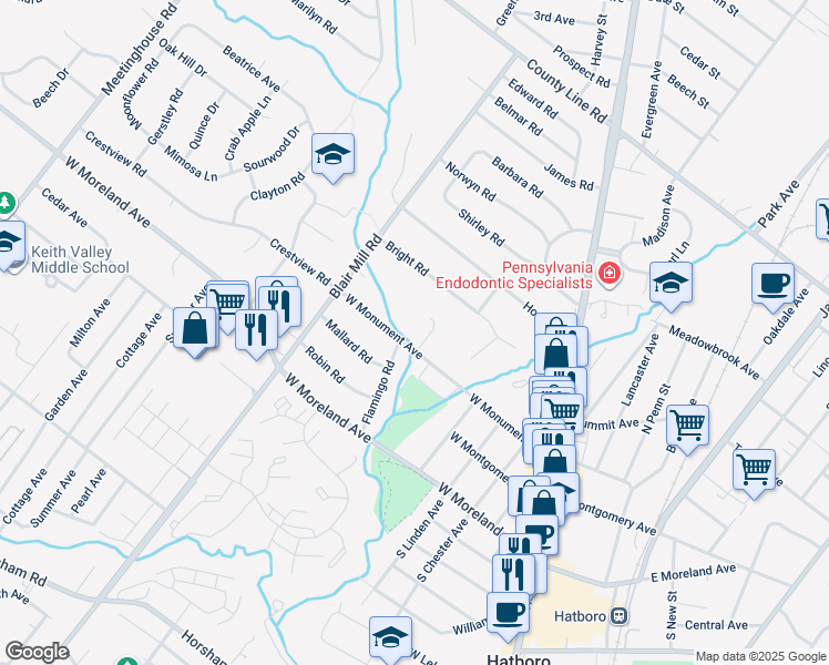 map of restaurants, bars, coffee shops, grocery stores, and more near 205 Pine Tree Lane in Hatboro