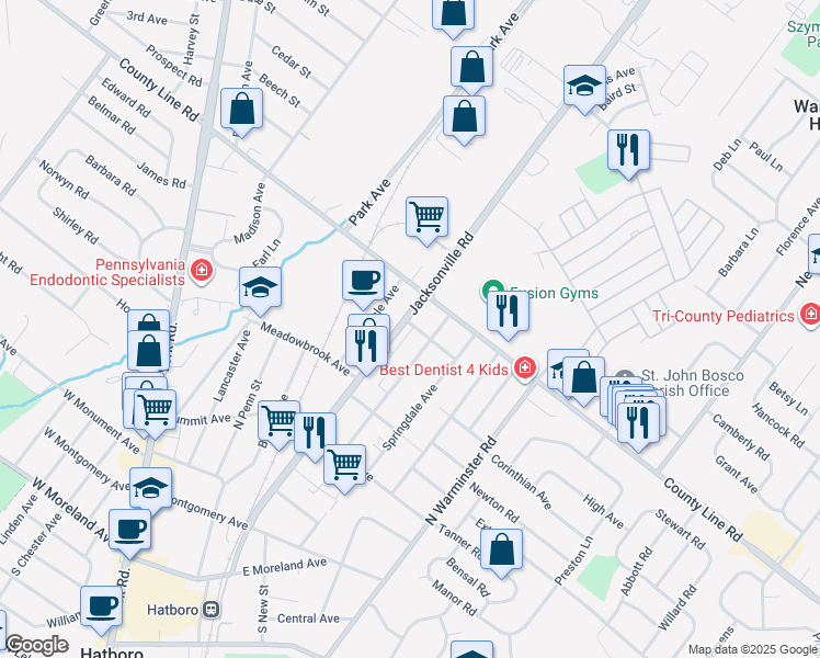 map of restaurants, bars, coffee shops, grocery stores, and more near 470 Lincoln Avenue in Hatboro
