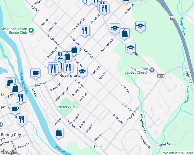 map of restaurants, bars, coffee shops, grocery stores, and more near 320 South 5th Avenue in Royersford