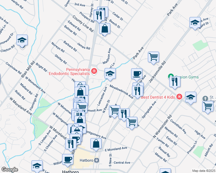 map of restaurants, bars, coffee shops, grocery stores, and more near 56 Meadowbrook Avenue in Hatboro