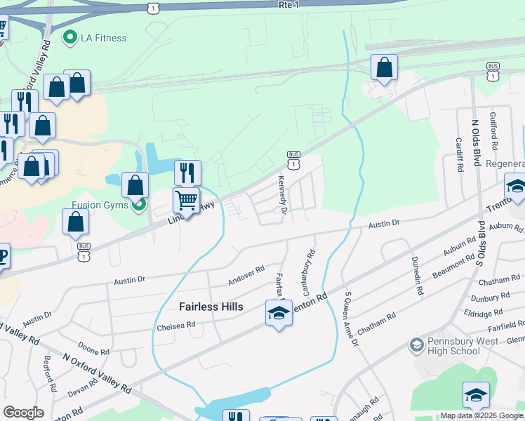 map of restaurants, bars, coffee shops, grocery stores, and more near 88 Kennedy Drive in Fairless Hills