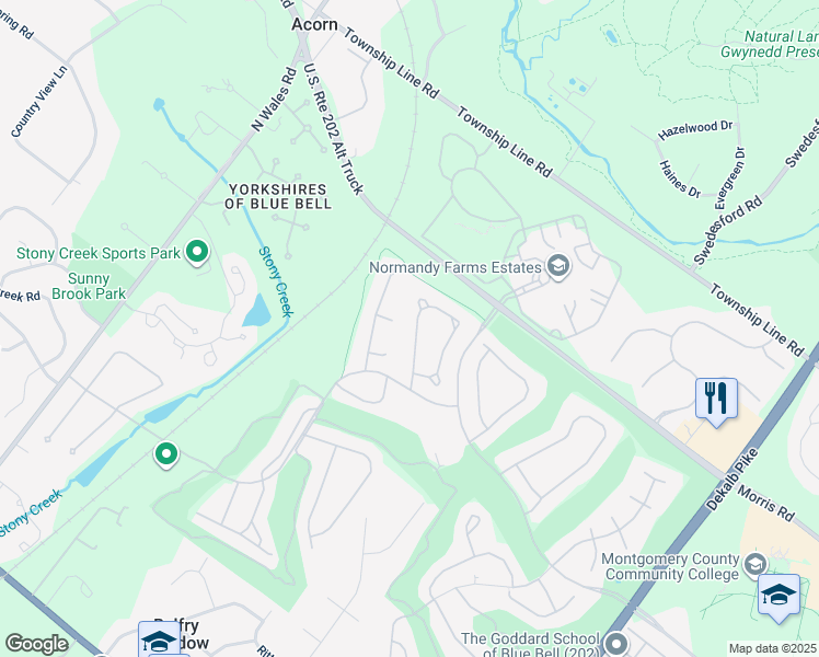 map of restaurants, bars, coffee shops, grocery stores, and more near 123 Birkdale Drive in Blue Bell