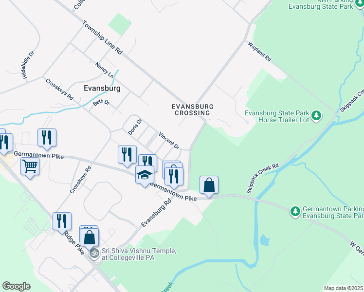 map of restaurants, bars, coffee shops, grocery stores, and more near 3801 Vincent Drive in Collegeville