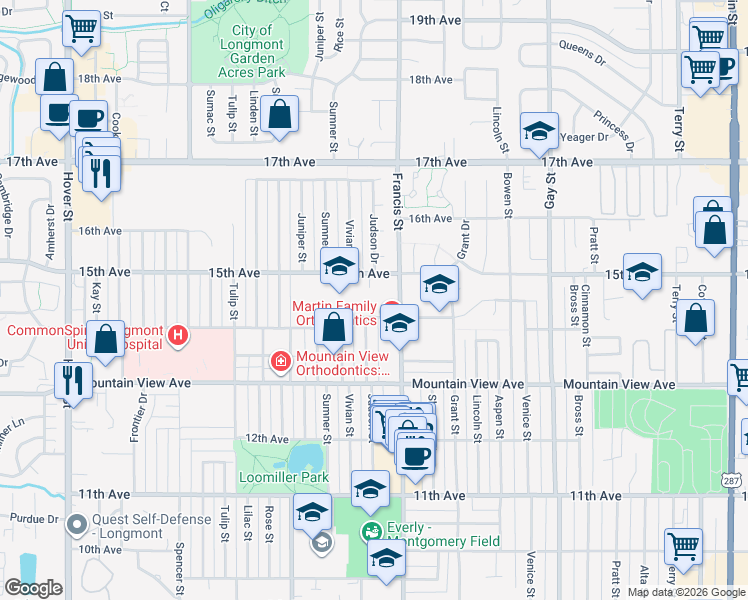 map of restaurants, bars, coffee shops, grocery stores, and more near 1500 14th Avenue in Longmont