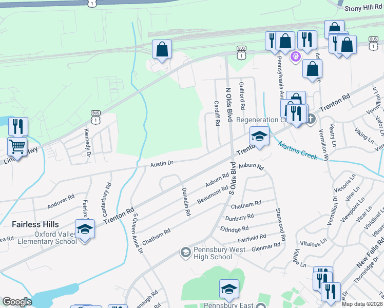 map of restaurants, bars, coffee shops, grocery stores, and more near 660 Austin Drive in Fairless Hills
