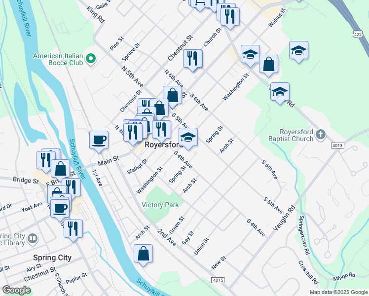 map of restaurants, bars, coffee shops, grocery stores, and more near 428 Washington Street in Royersford