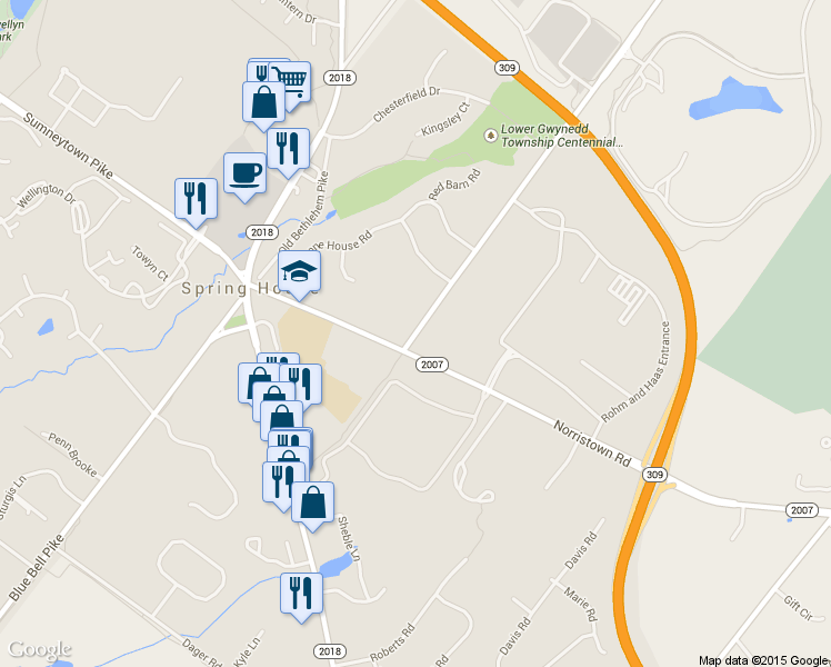 map of restaurants, bars, coffee shops, grocery stores, and more near 1137 McKean Road in Ambler