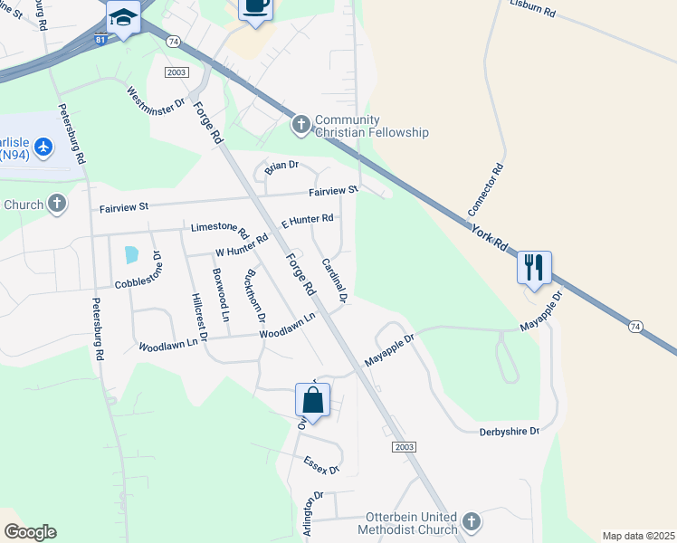 map of restaurants, bars, coffee shops, grocery stores, and more near 21 Cardinal Drive in Carlisle