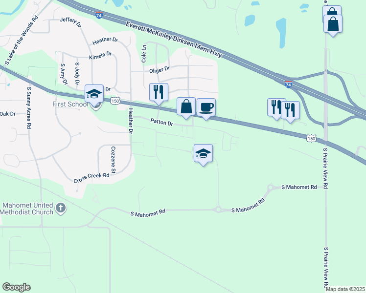 map of restaurants, bars, coffee shops, grocery stores, and more near 1616 Kassen Avenue in Mahomet