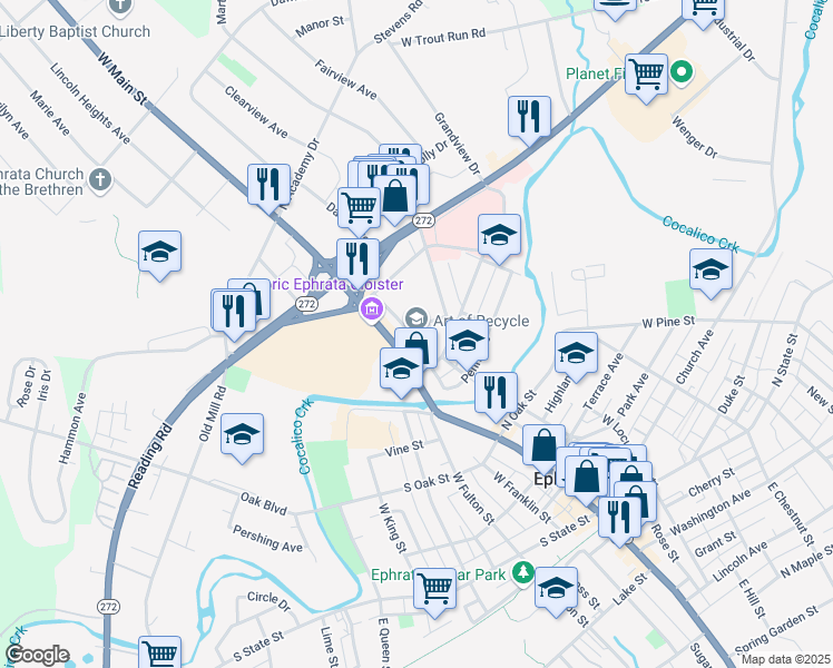 map of restaurants, bars, coffee shops, grocery stores, and more near 23 Cloister Avenue in Ephrata