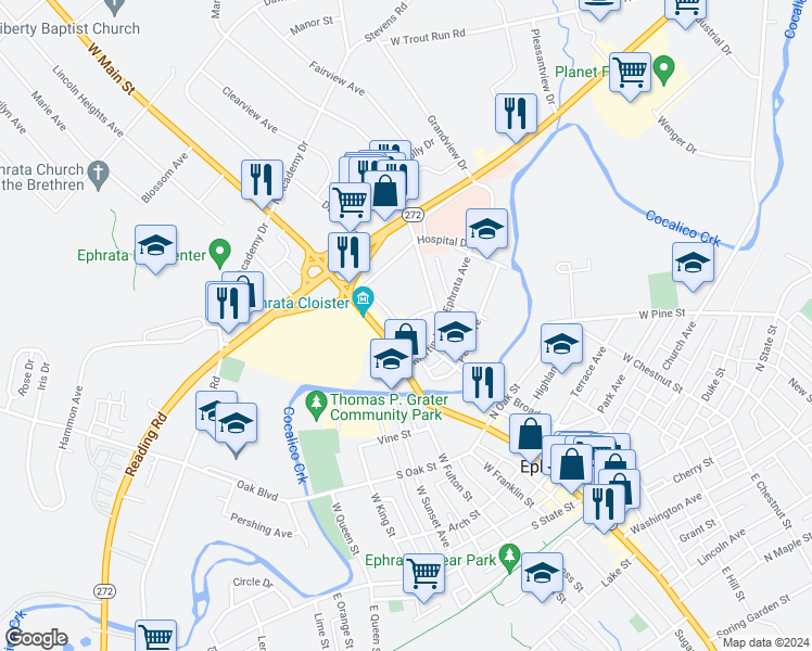 map of restaurants, bars, coffee shops, grocery stores, and more near 25 Cloister Avenue in Ephrata
