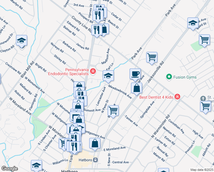 map of restaurants, bars, coffee shops, grocery stores, and more near 56 Meadowbrook Avenue in Hatboro