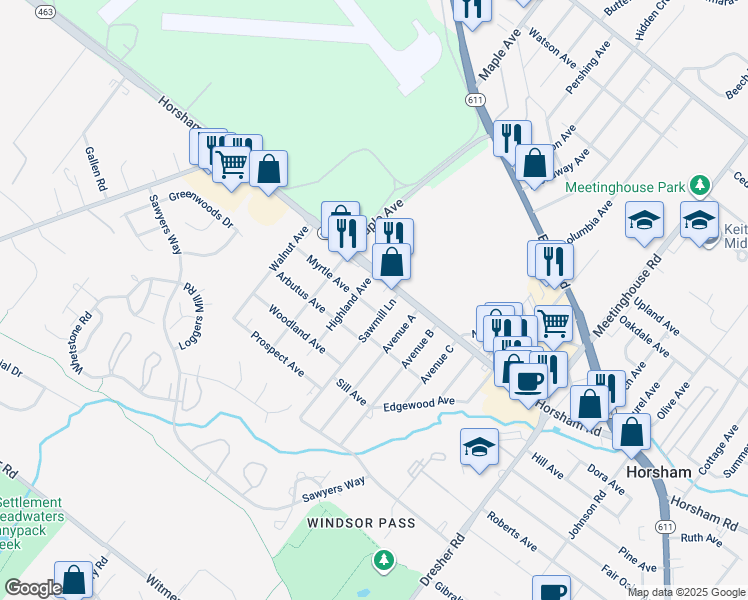 map of restaurants, bars, coffee shops, grocery stores, and more near 426 Myrtle Avenue in Horsham