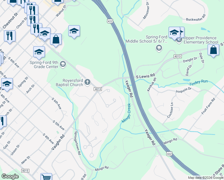 map of restaurants, bars, coffee shops, grocery stores, and more near 92 Orchard Court in Royersford