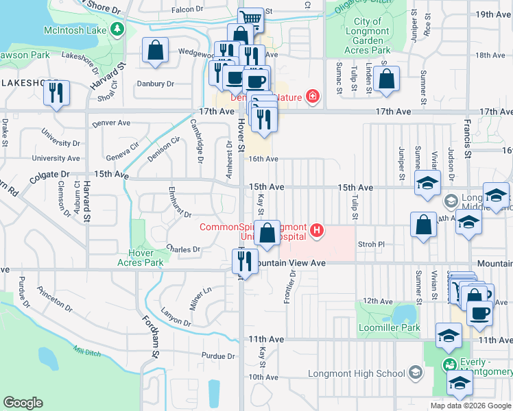 map of restaurants, bars, coffee shops, grocery stores, and more near 1427 Kay Street in Longmont