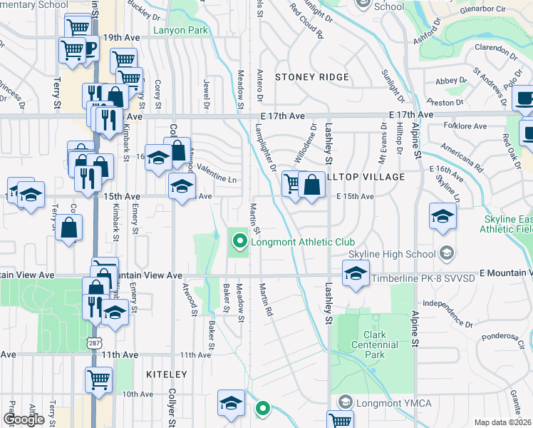 map of restaurants, bars, coffee shops, grocery stores, and more near 32 Nome Court in Longmont
