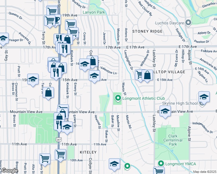 map of restaurants, bars, coffee shops, grocery stores, and more near 1413 Centennial Drive in Longmont
