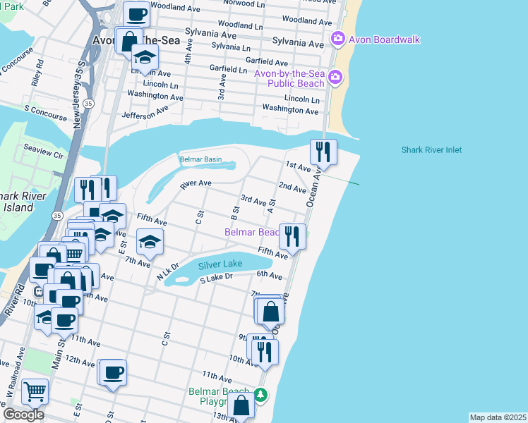 map of restaurants, bars, coffee shops, grocery stores, and more near 207 4th Avenue in Belmar