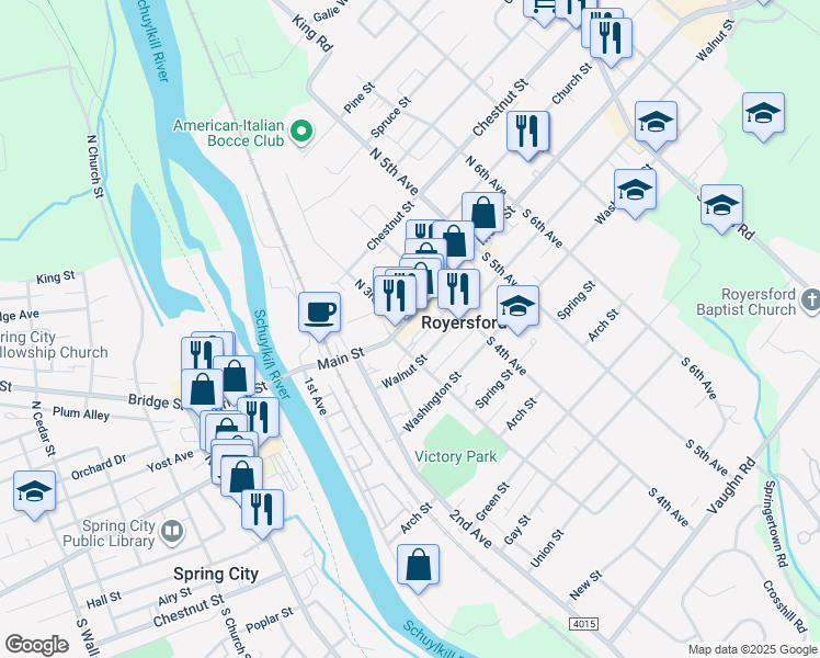 map of restaurants, bars, coffee shops, grocery stores, and more near 301 Walnut Street in Royersford