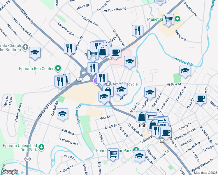 map of restaurants, bars, coffee shops, grocery stores, and more near 519 West Main Street in Ephrata
