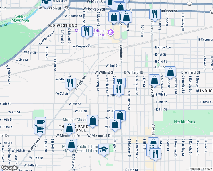 map of restaurants, bars, coffee shops, grocery stores, and more near 310 West 6th Street in Muncie