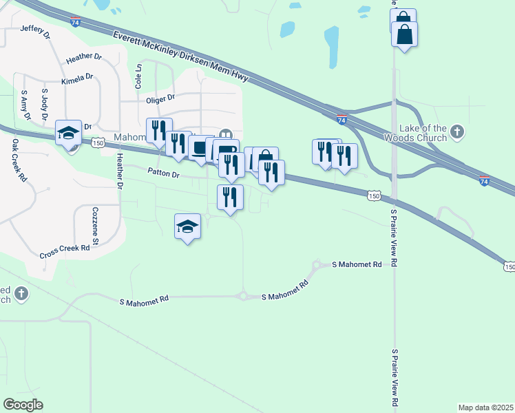 map of restaurants, bars, coffee shops, grocery stores, and more near 1134 Vision Circle in Mahomet