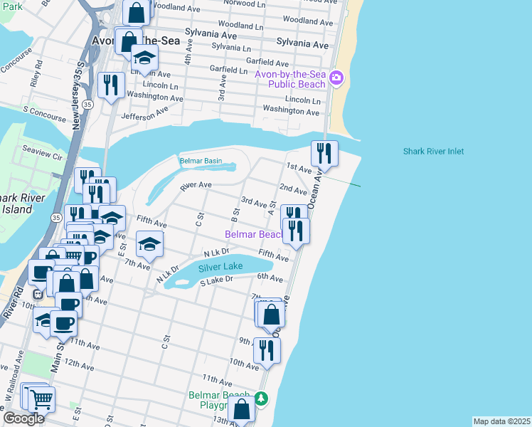 map of restaurants, bars, coffee shops, grocery stores, and more near 201 3rd Avenue in Belmar