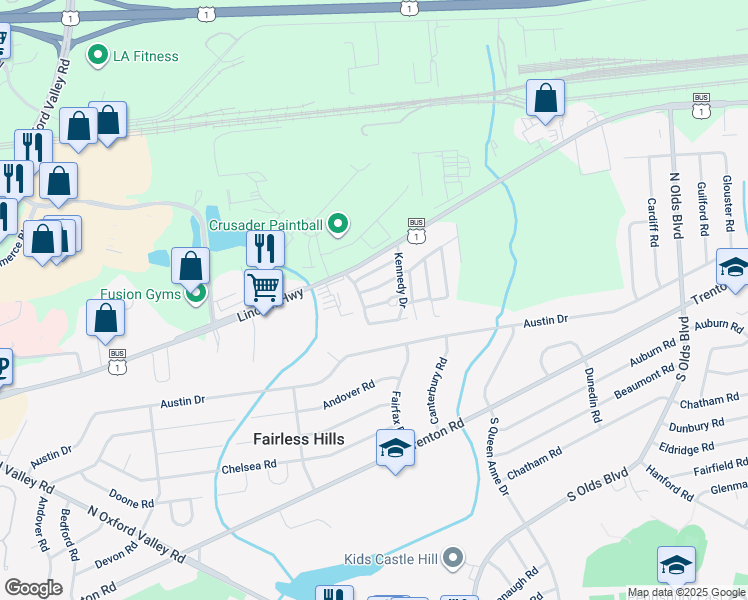 map of restaurants, bars, coffee shops, grocery stores, and more near 118 Adams Drive in Fairless Hills
