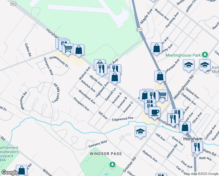 map of restaurants, bars, coffee shops, grocery stores, and more near 426 Myrtle Avenue in Horsham