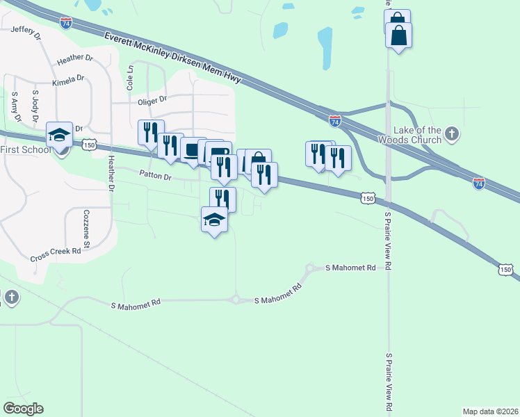 map of restaurants, bars, coffee shops, grocery stores, and more near 1853 Vision Circle in Mahomet