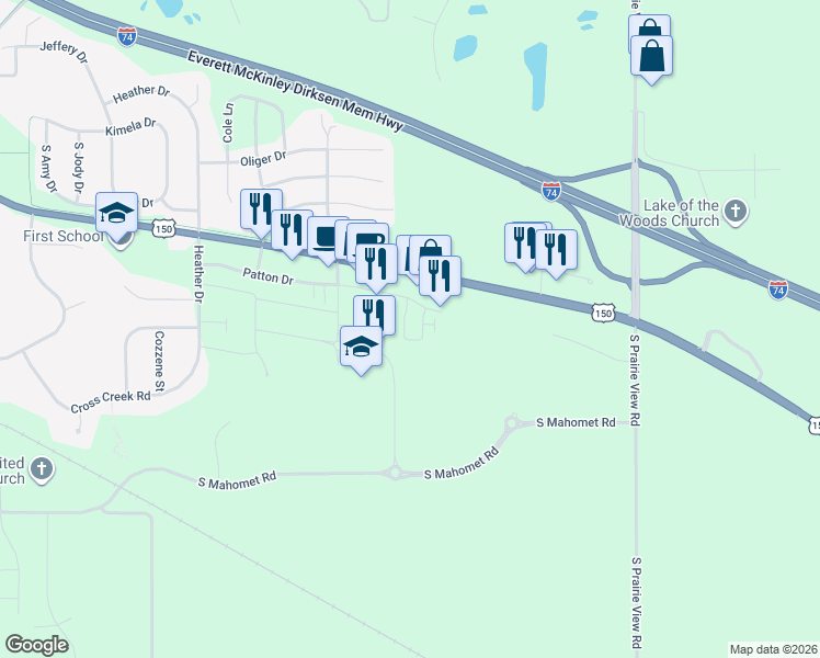 map of restaurants, bars, coffee shops, grocery stores, and more near 1134 Vision Circle in Mahomet