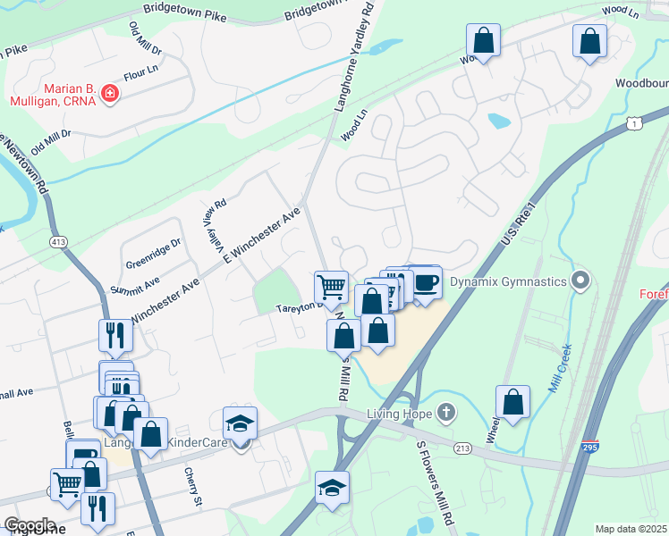map of restaurants, bars, coffee shops, grocery stores, and more near 207 Saint James Drive in Langhorne