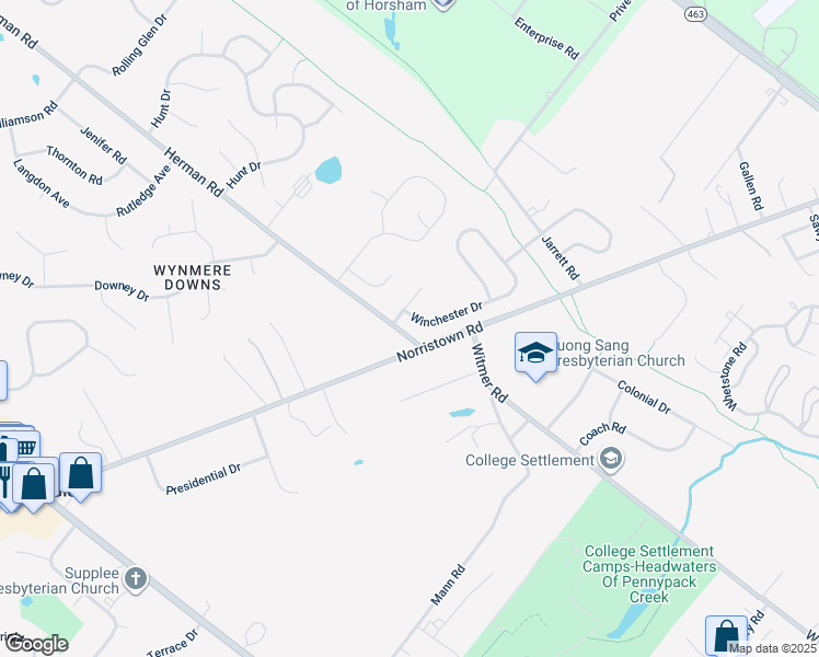 map of restaurants, bars, coffee shops, grocery stores, and more near 201 Winchester Drive in Horsham