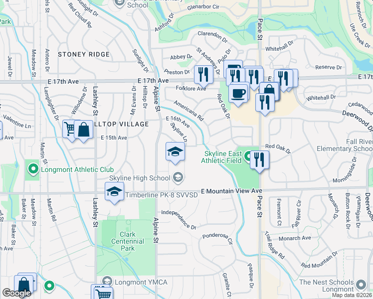 map of restaurants, bars, coffee shops, grocery stores, and more near 600 East Mountain View Avenue in Longmont
