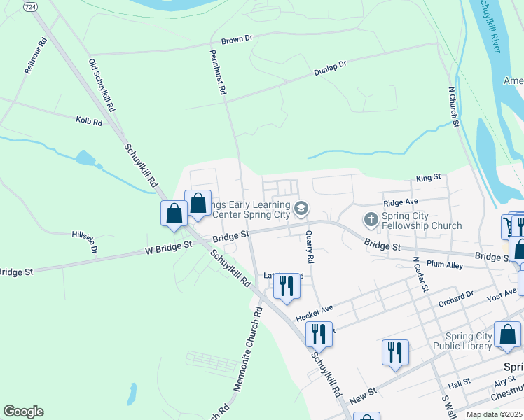 map of restaurants, bars, coffee shops, grocery stores, and more near 2 Madison Drive in Spring City