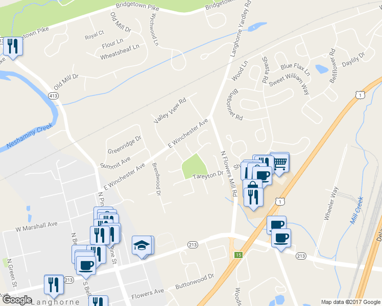 map of restaurants, bars, coffee shops, grocery stores, and more near 154 Lowell Court in Langhorne