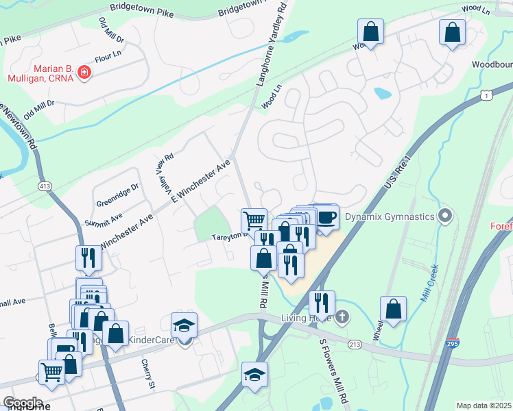 map of restaurants, bars, coffee shops, grocery stores, and more near 207 Saint James Drive in Langhorne