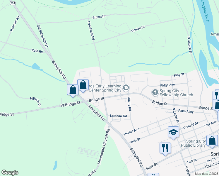 map of restaurants, bars, coffee shops, grocery stores, and more near 2 Madison Drive in Spring City