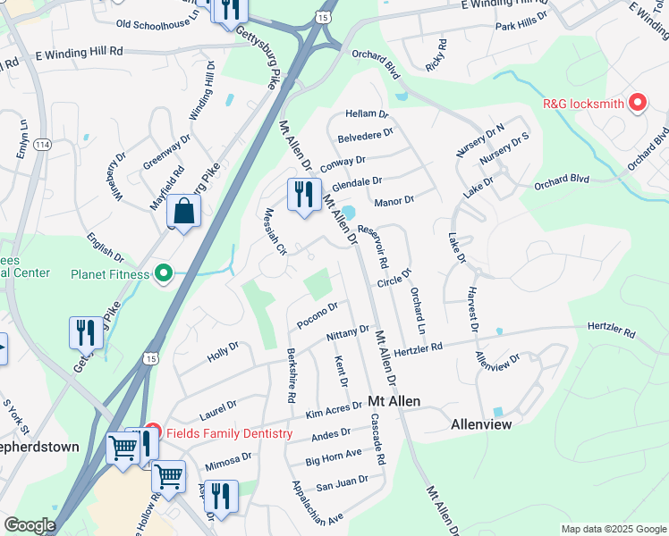 map of restaurants, bars, coffee shops, grocery stores, and more near 308 Cascade Road in Mechanicsburg