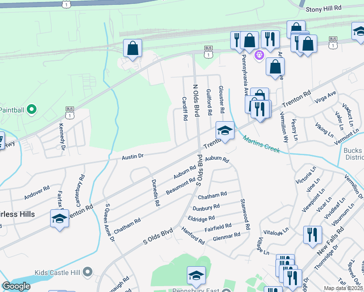 map of restaurants, bars, coffee shops, grocery stores, and more near 712 Austin Drive in Fairless Hills