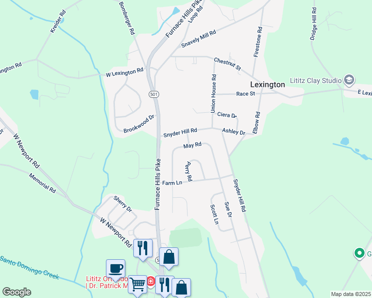 map of restaurants, bars, coffee shops, grocery stores, and more near 917 May Road in Lititz