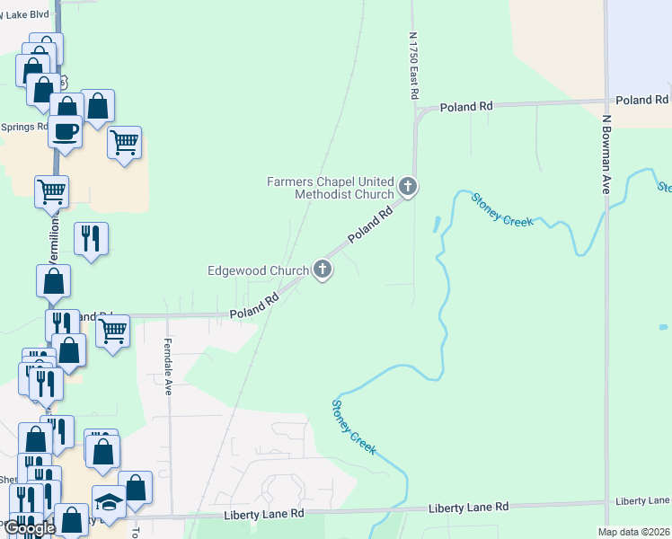 map of restaurants, bars, coffee shops, grocery stores, and more near 236 Poland Road in Danville