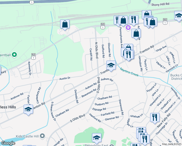 map of restaurants, bars, coffee shops, grocery stores, and more near 712 Austin Drive in Fairless Hills