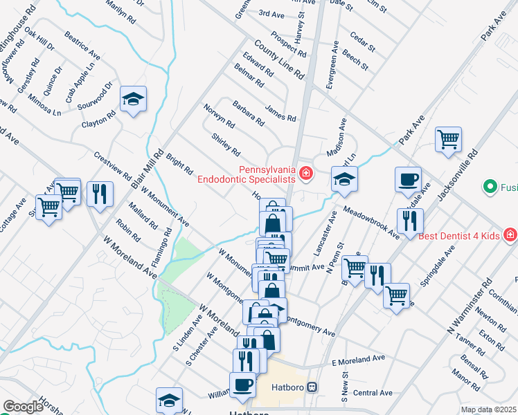 map of restaurants, bars, coffee shops, grocery stores, and more near 7 Home Rd in Hatboro
