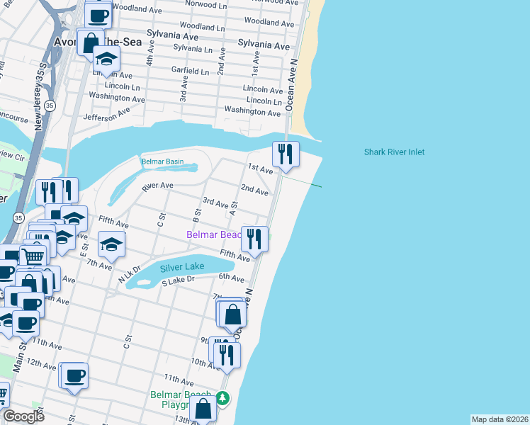map of restaurants, bars, coffee shops, grocery stores, and more near 307 Ocean Avenue in Belmar