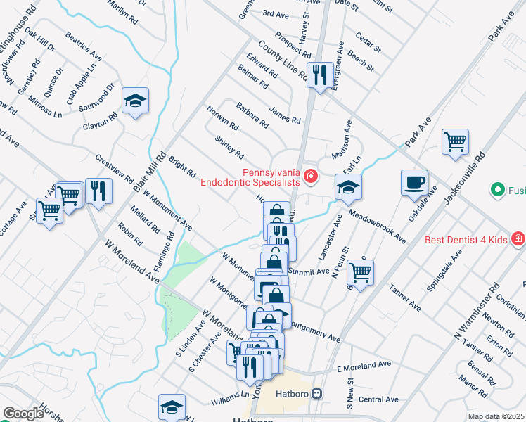 map of restaurants, bars, coffee shops, grocery stores, and more near 7 Home Rd in Hatboro