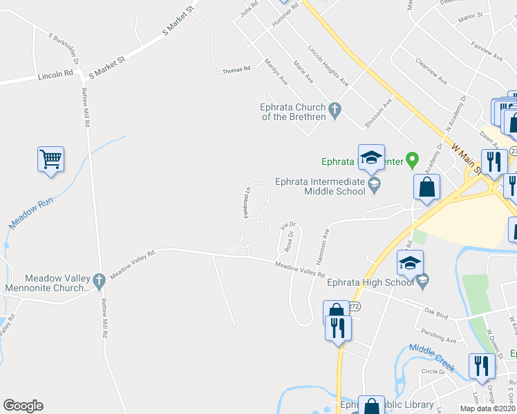 map of restaurants, bars, coffee shops, grocery stores, and more near 165 Fieldcrest Lane in Ephrata