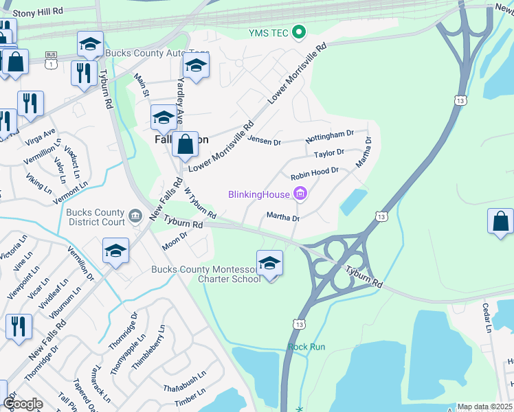 map of restaurants, bars, coffee shops, grocery stores, and more near 13 Martha Drive in Levittown